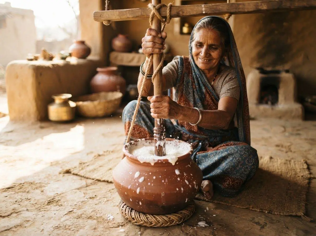Traditional bilona churning in a clay matka