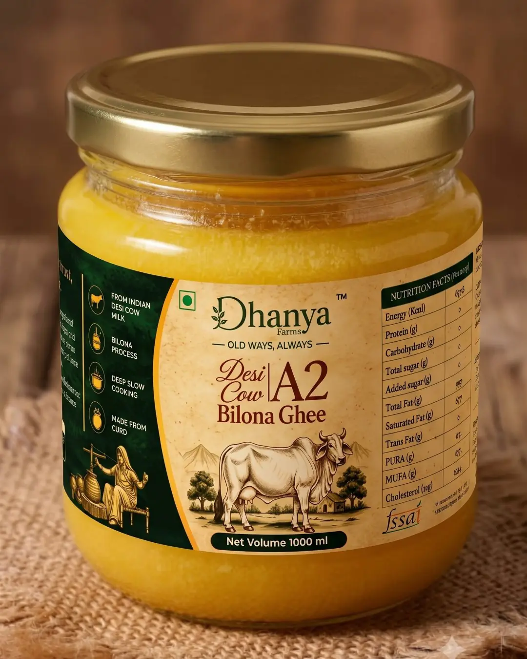 1000 ml jar of Dhanya Farms Desi Cow A2 Bilona Ghee